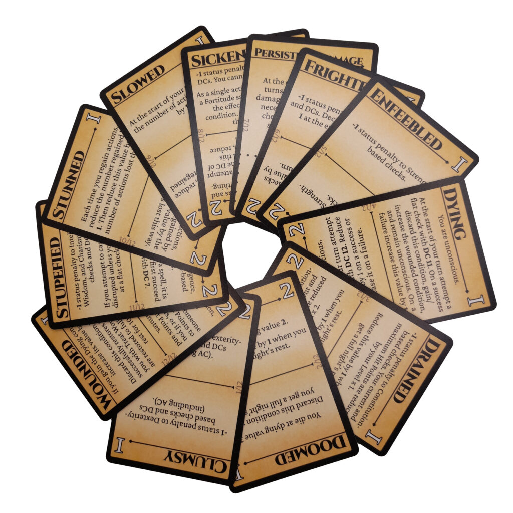 A ring of cards. Each card has a bold title describing a condition from Pathfinder 2e and descriptor text.